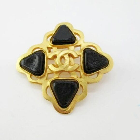 CHANEL CC Logos Black Cross Square Brooch Gold Tone Pin 95P Auth - Picture 1 of 5